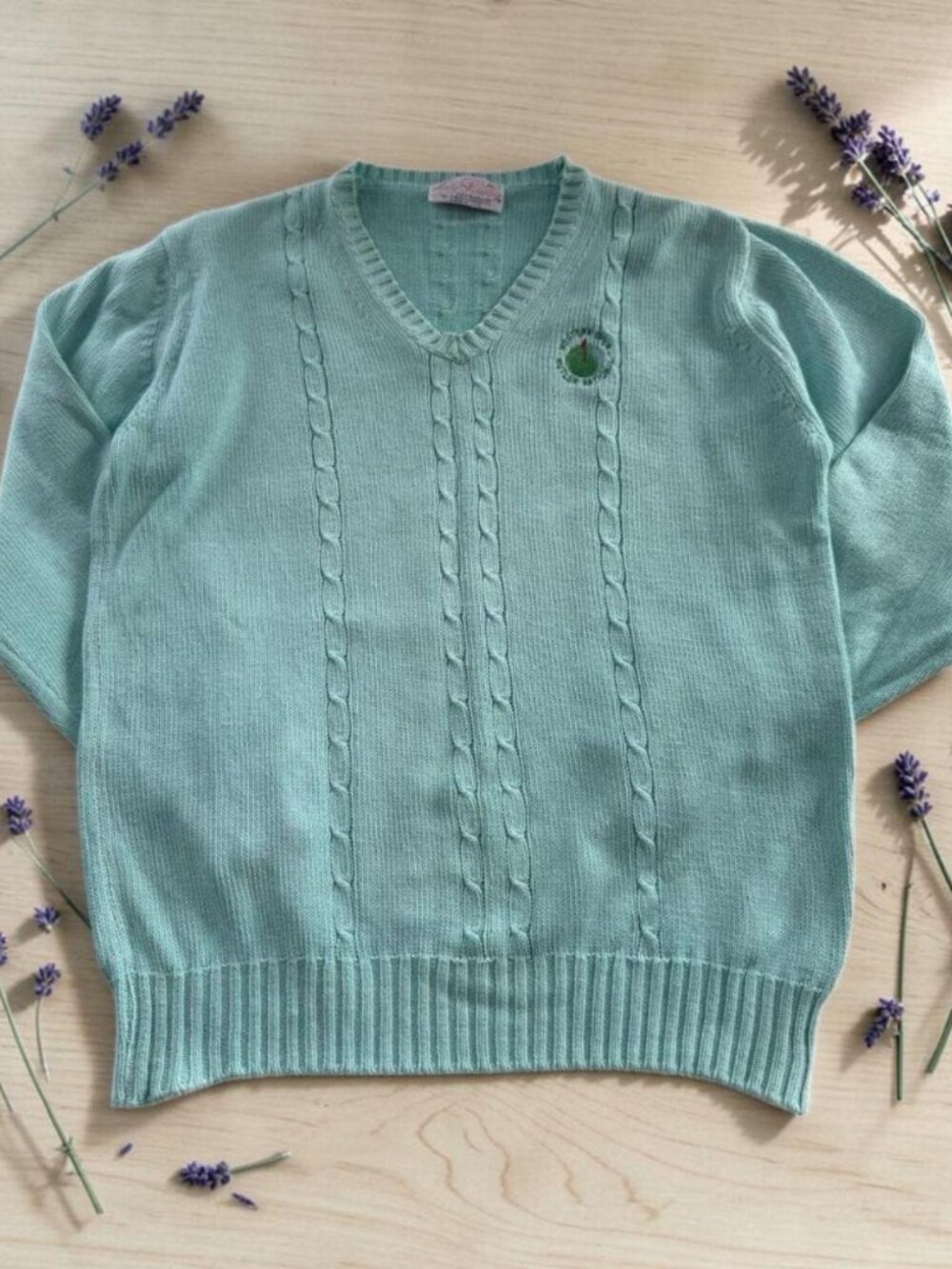 Vintage Golf Cable Knit V-Neck Sweater Aqua Blue Women XL Lady Pickering‎